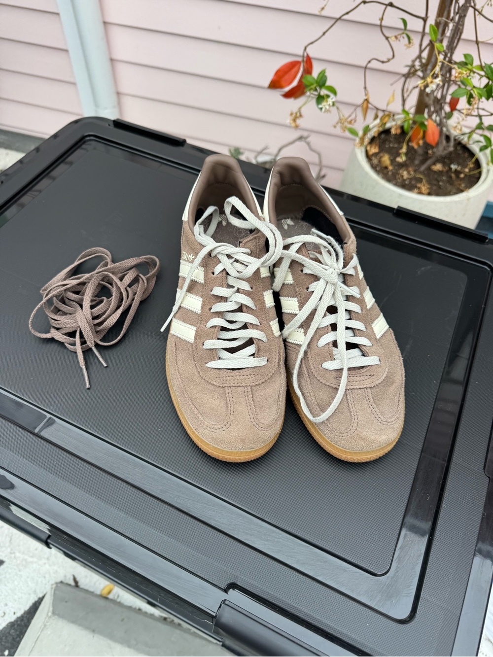 adidas Taupe and White Suede Low-Top Sneakers